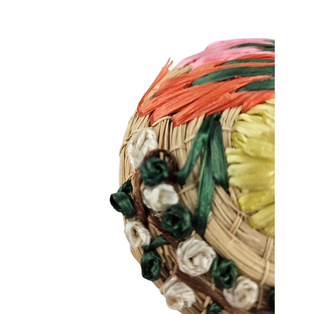 Woven Straw Basket with‎ Colorful Raffia Flowers Trinket Jewelry Box
